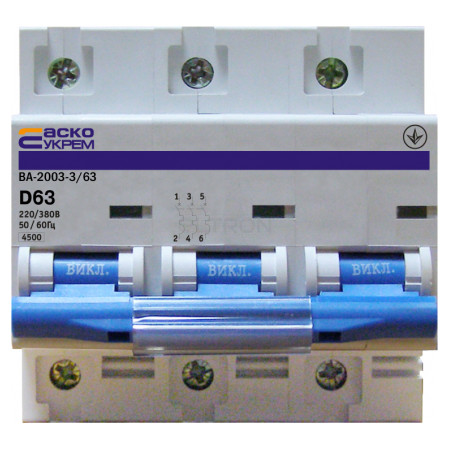 Автоматичний вимикач АСКО-УКРЕМ ВА-2003 3p D 63А (A0010030002) фото