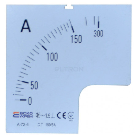 Шкала 150/5А к амперметру трансформаторного включения АСКО-УКРЕМ A-72-6 (72×72 мм) (A0190010070) фото