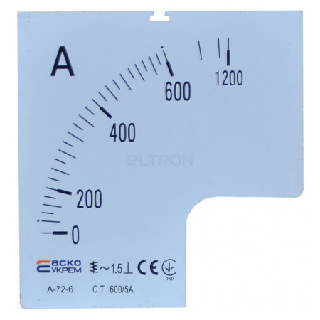 Шкала 600/5А до амперметра трансформаторного включення АСКО-УКРЕМ A-72-6 (72×72 мм) (A0190010075) фото