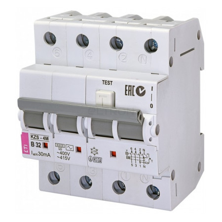 Дифференциальный автоматический выключатель ETI KZS-4M (6кА) B 32А/30мА тип AC (2174007) фото