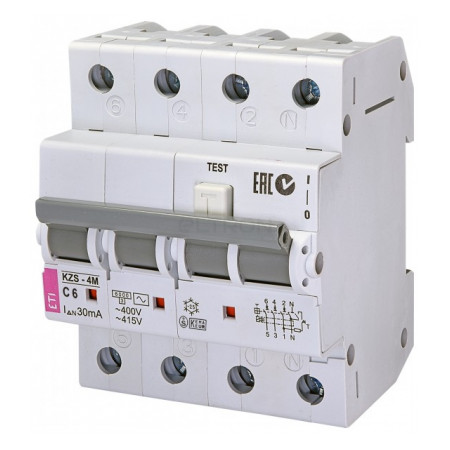 Дифференциальный автоматический выключатель ETI KZS-4M (6кА) C 6А/30мА тип AC (2174021) фото