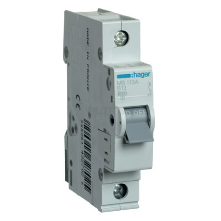 Автоматичний вимикач Hager MB113A 1P 6kA B-13A 1M фото
