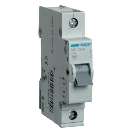 Автоматичний вимикач Hager MC104A 1P 6kA C-4A 1M фото