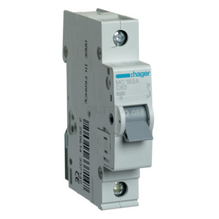 Автоматичний вимикач Hager MC163A 1P 6kA C-63A 1M фото