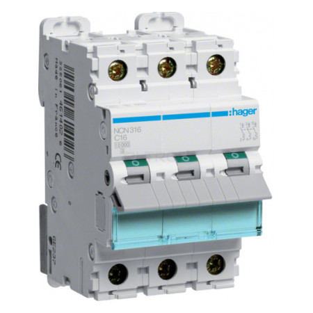 Автоматичний вимикач Hager NCN316 3P 10kA C-16A 3M фото