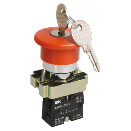 Кнопка управления IEK LAY5-BS142 "грибок" с ключом d22 мм красная 230В 1НО+1НЗ (BBG50-LAY5-K04) фото