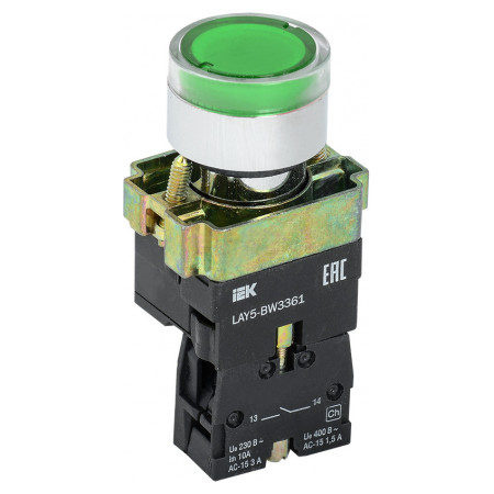 Кнопка управления IEK LAY5-BW3361 с подсветкой зеленая 1НО (BBT50-BW-K06) фото