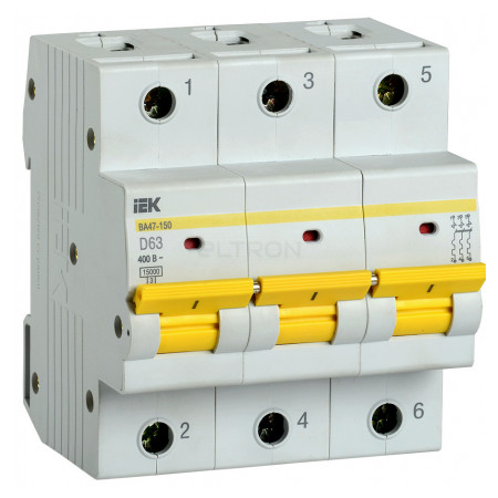 Автоматичний вимикач IEK ВА47-150 3P 63А тип D 15кА (MVA50-3-063-D) фото