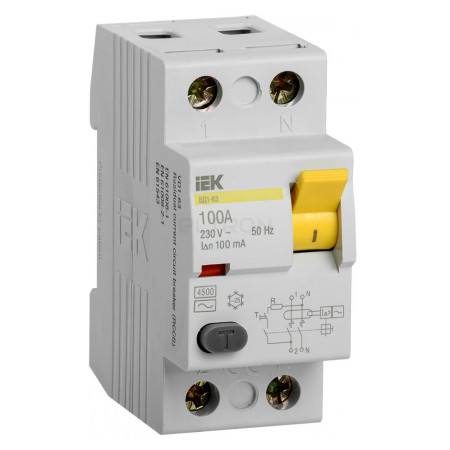Пристрій захисного відключення (ПЗВ) IEK ВД1-63 2P 100А 100мА тип AC (MDV10-2-100-100) фото