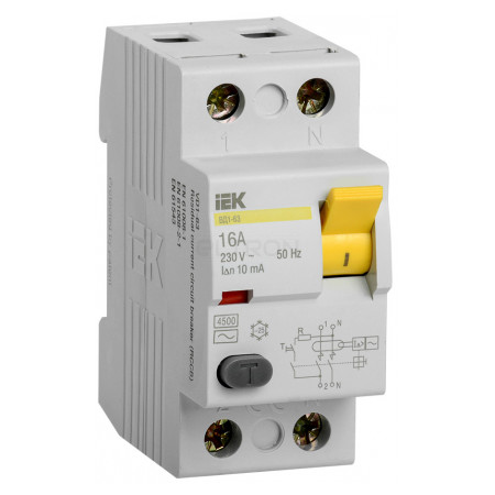 Пристрій захисного відключення (ПЗВ) IEK ВД1-63 2P 16А 10мА тип AC (MDV10-2-016-010) фото