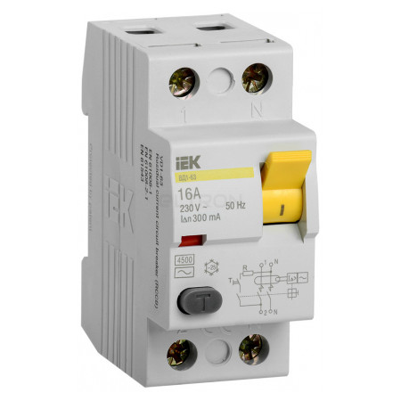 Пристрій захисного відключення (ПЗВ) IEK ВД1-63 2P 16А 300мА тип AC (MDV10-2-016-300) фото