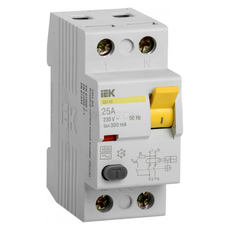 Пристрій захисного відключення (ПЗВ) IEK ВД1-63 2P 25А 300мА тип AC (MDV10-2-025-300) фото