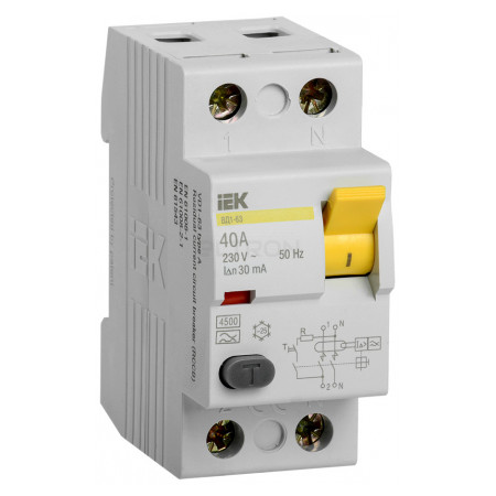 Пристрій захисного відключення (ПЗВ) IEK ВД1-63 2P 40А 30мА тип AC (MDV10-2-040-030) фото