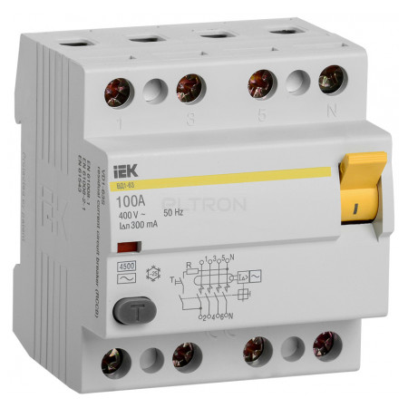 Пристрій захисного відключення (ПЗВ) IEK ВД1-63 4P 100А 300мА тип AC (MDV10-4-100-300) фото
