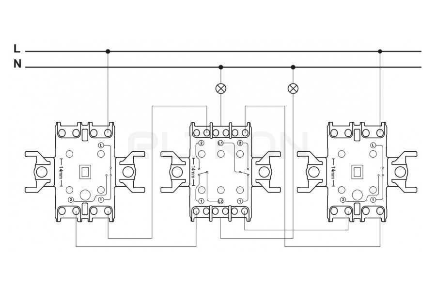 Двухклавишный проходной трех мест. Проходные выключатели Schneider схема подключения. Схема двухклавишного проходного выключателя Шнайдер. Схема подключения переключатель перекрестный 2 клавиши. Двухклавишный проходной выключатель Шнайдер схема.