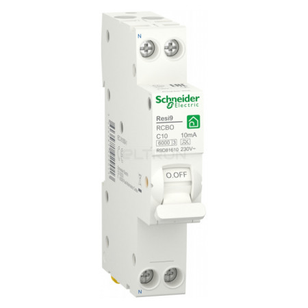 Диференційний автоматичний вимикач Schneider Electric Resi9 1P+N 10А 10мА хар-ка C тип А одномодульний (R9D81610) фото